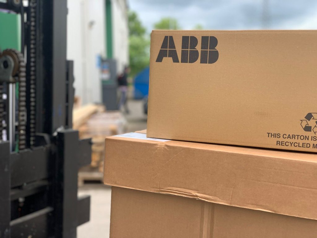 ABB boxes at the LED Controls warehouse. LED Controls always has ABB products in stock.