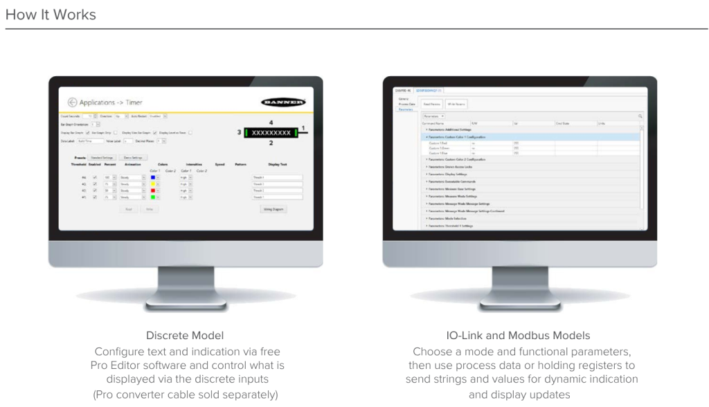 Computer monitors displaying the Discrete and IO-Link/Modbus models of interfacing with the SD50