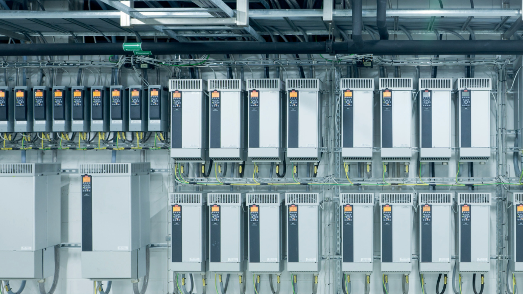 Rows of Danfoss FC302 VLT Automation Drives in a factory setting. Danfoss Drives available at LED Controls