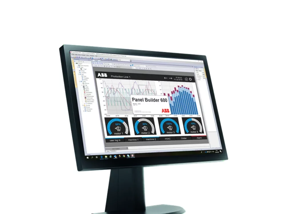 A computer monitor running Panel Builder 600 - the software platform for ABB CP600 range, available from LED Controls.