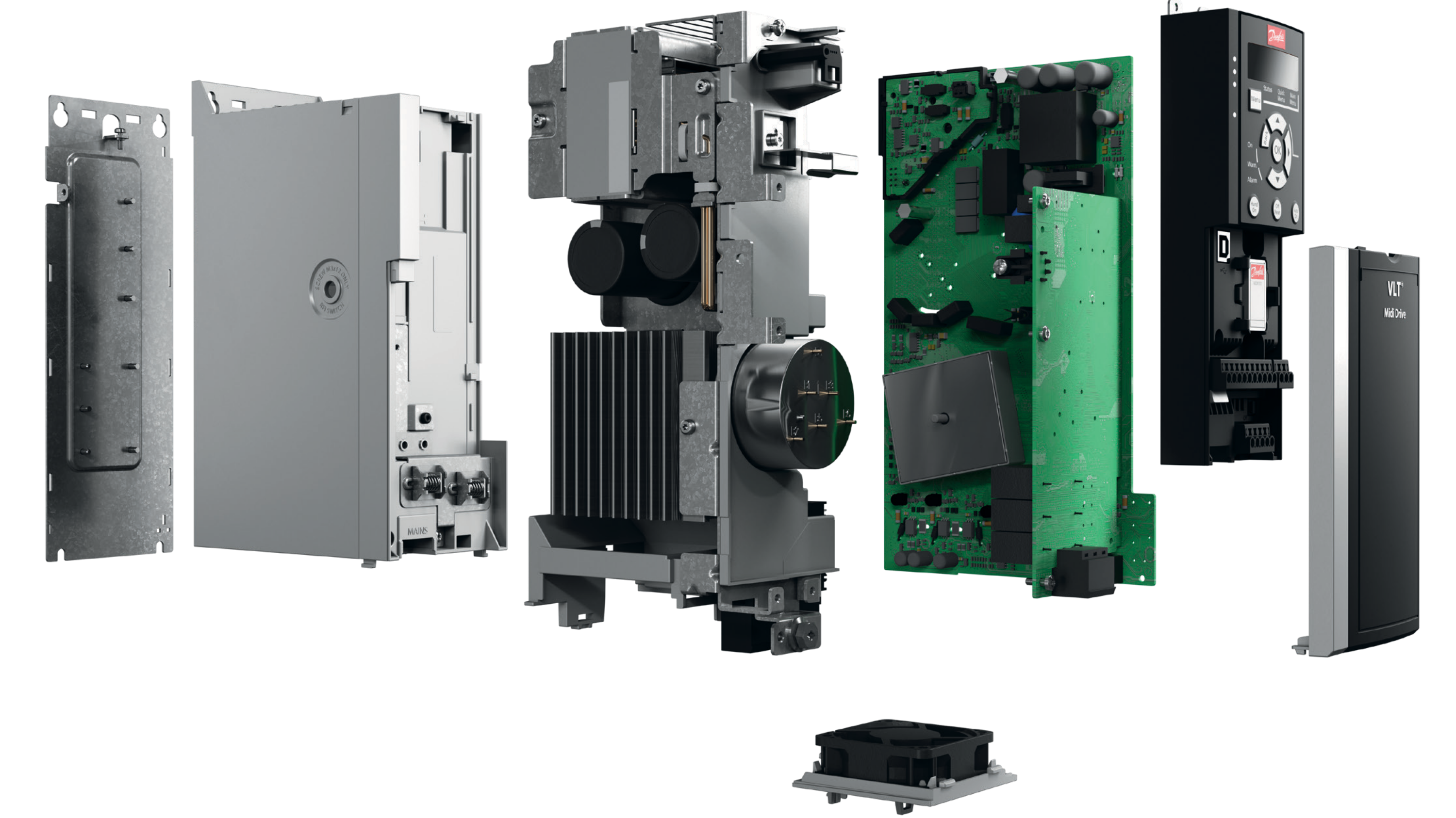 Exploded view of Danfoss Drives FC280 Midi Drive available at LED Controls.