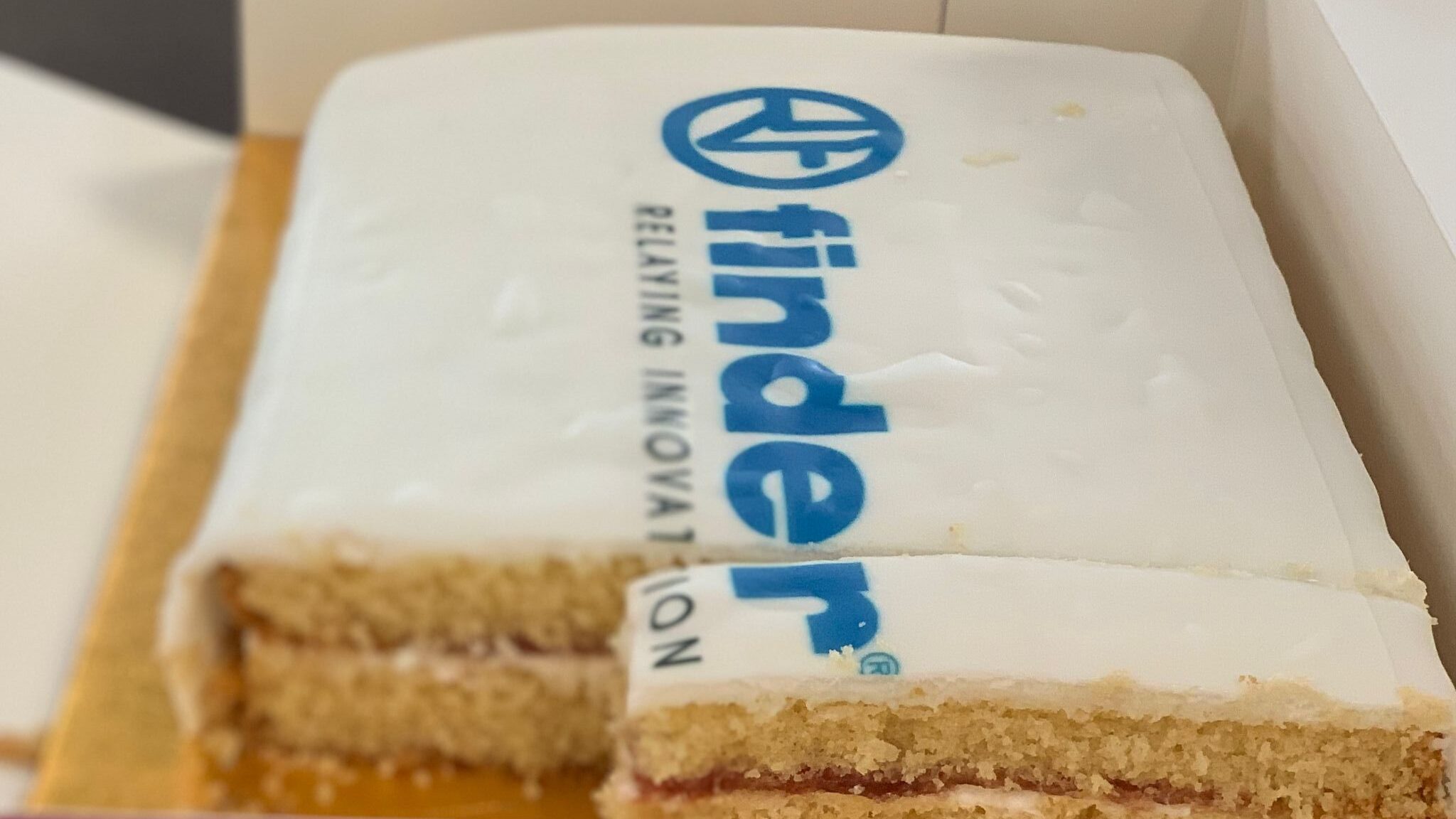 A Finder branded cake gifted to LED Controls to celebrate our role as Finder Official Premium Partner.