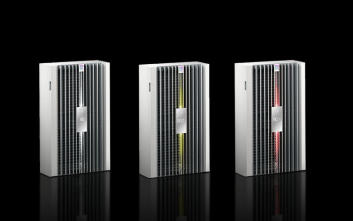 Different colour LED lights on Rittal Blue e+S Cooling Units available from LED Controls.
