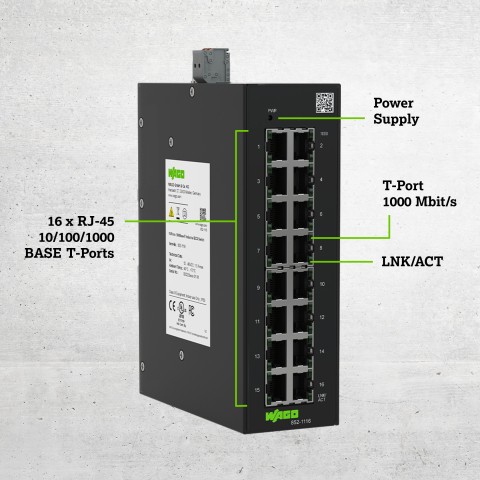 WAGO 16 port ECO Unmanaged Ethernet Switch available now from LED Controls featuring Power Supply LED light, 16 x RJ-45 BASE T-Ports at 1000 mbit/s