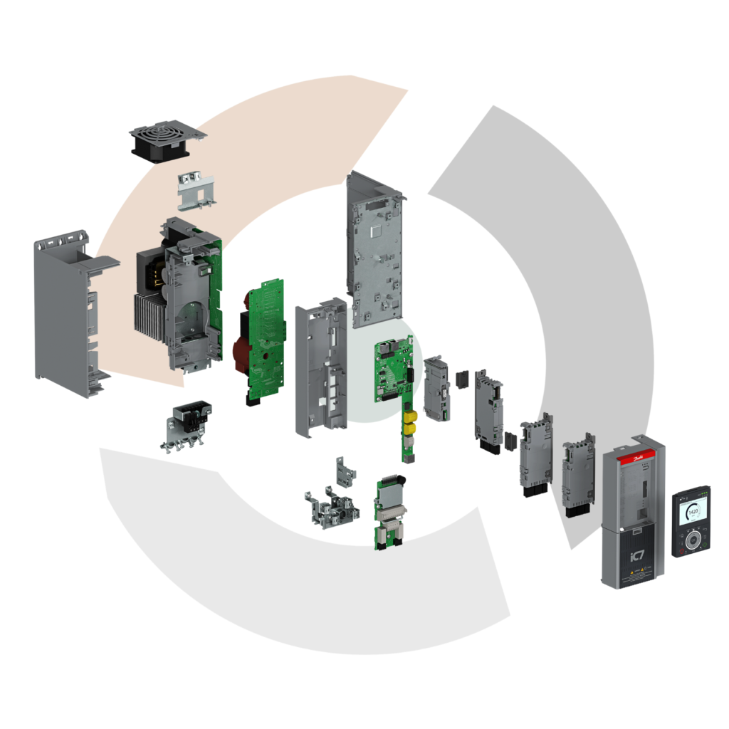 Exploded view of Danfoss Drives iC7 automation available from LED Controls, your Danfoss Authorized Partner.