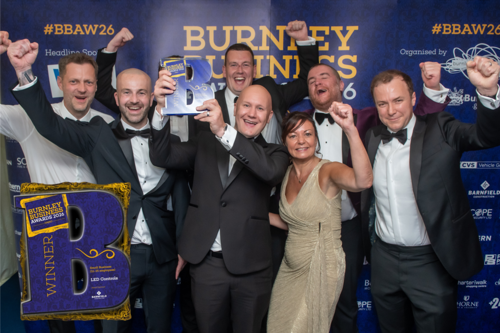 LED Controls staff celebrate winning the Small Business award at the Burnley Business Awards 2026