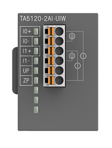 1SAP187100R0201 ABB TA5120-2AI-UIW 2 AI analog input channels U/I, 0 … 10V/0 … 20mA, 6 pole spring/cable front term. 3.50 mm pitch, Wide temperature range.
