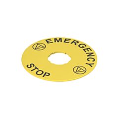 VE TF32D5102 Pizzato Label with shaped hole, ? 90 mm, yellow disc, writing "EMERGENCY STOP"