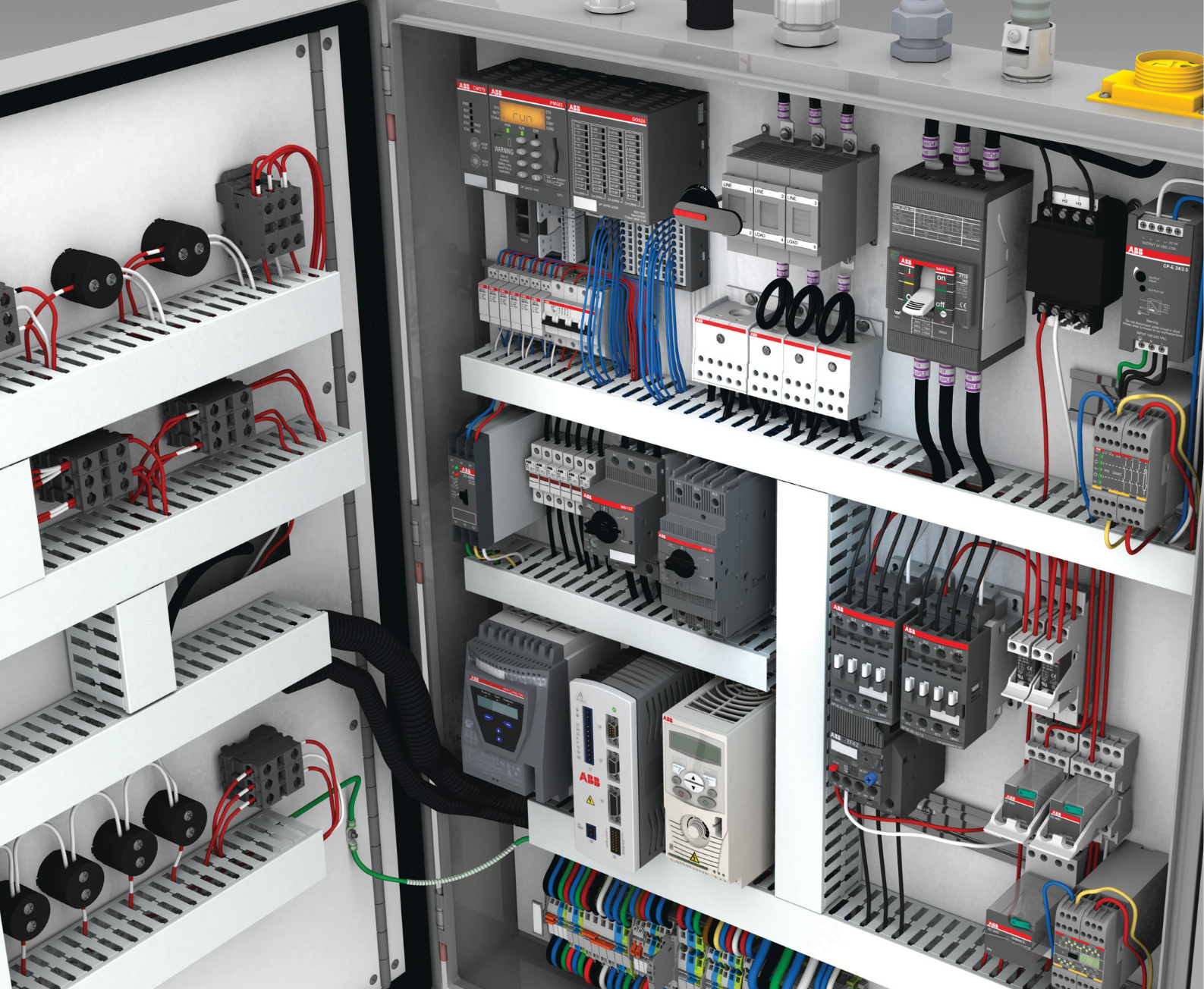 LED Controls warehouse shelves stocked with Variable Speed Drives, PLCs, HMIs, motor control gear, circuit protection devices, sensors, and control panel hardware
